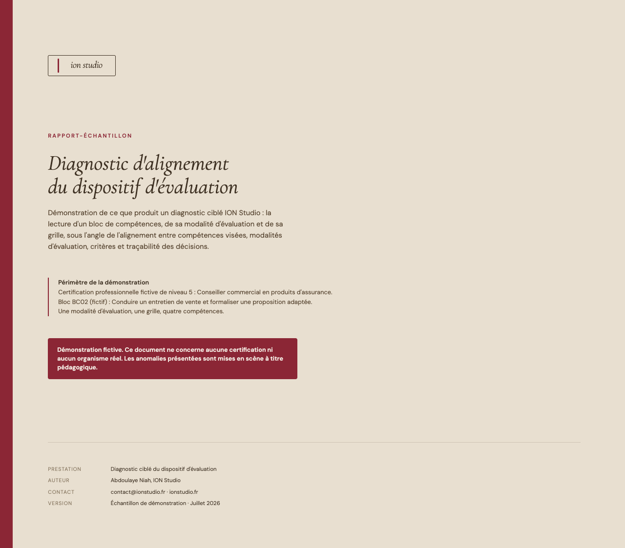 Couverture du rapport-échantillon de diagnostic ciblé ION Studio